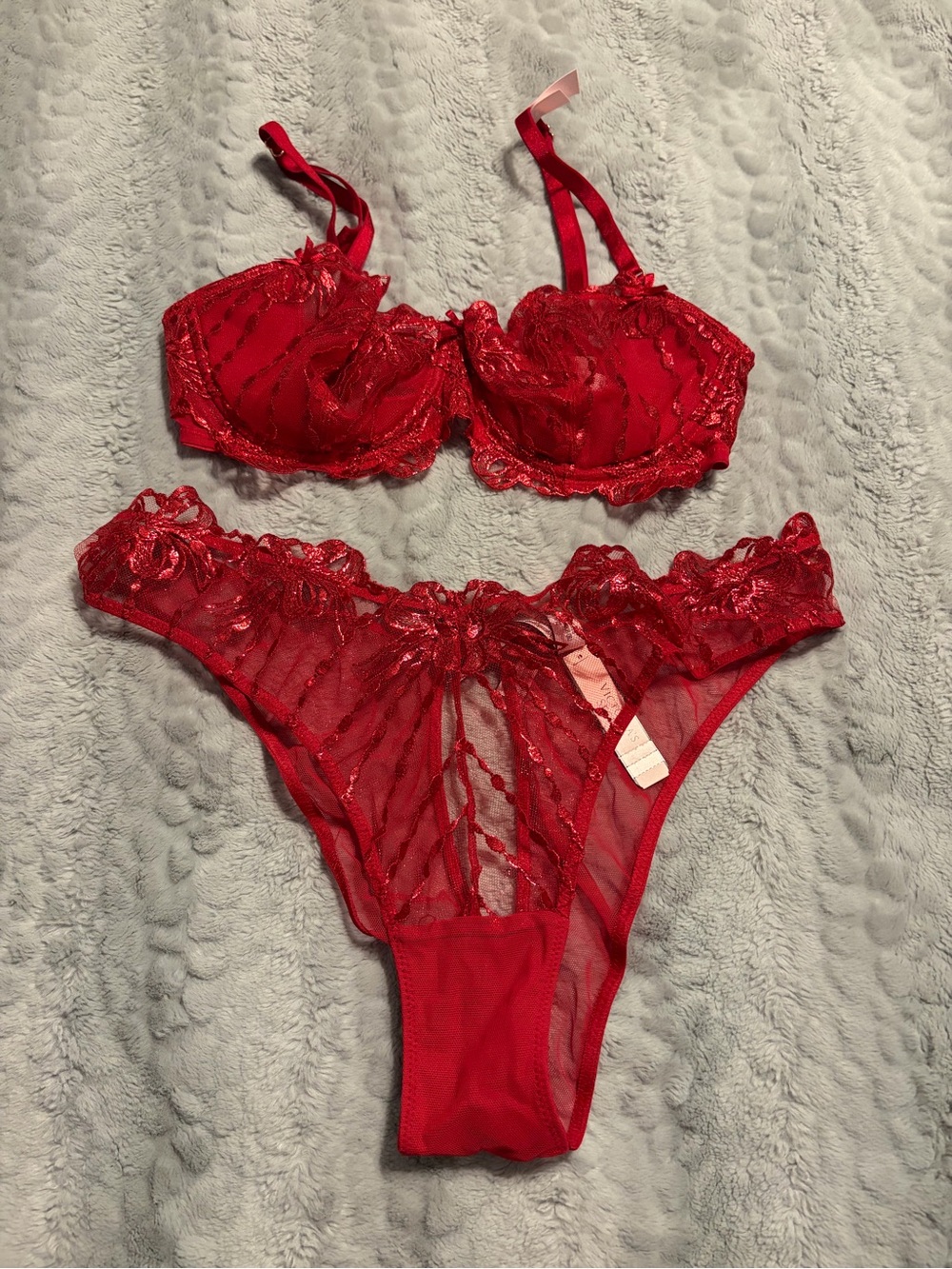 Red Lace Dream Angels Bra & Panty Set - Sheer Embroidered Lingerie